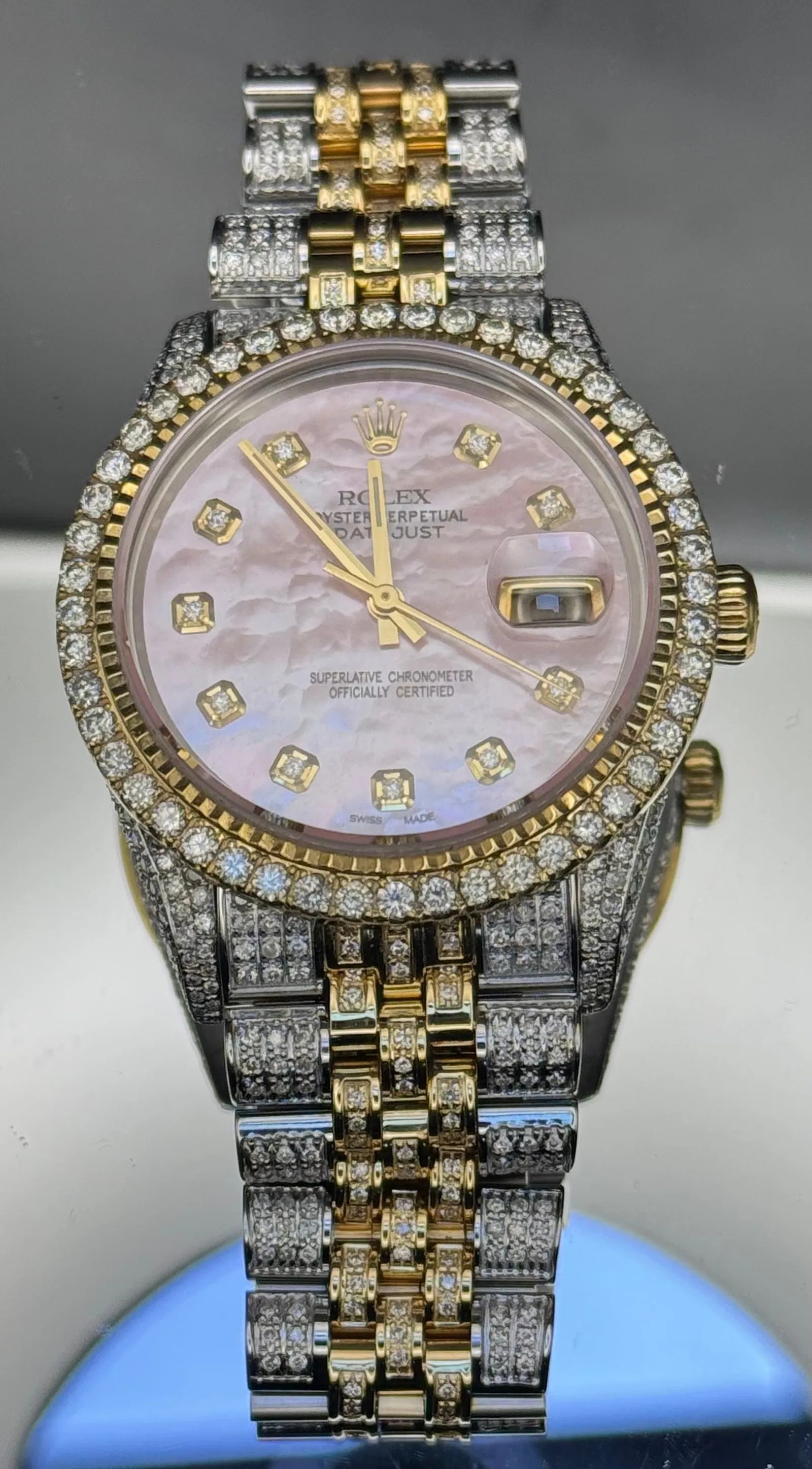 ROLEX STAINLESS STEEL GOLD DIAMOND DIAL JUBILEE BAND DATEJUST WATCH 10.5CT: Rolex datejust watch featuring 36mm dial in stainless steel and gold combination. Mother of pearl face with custom diamond Jubilee band, fold-over clasp. Total approximate diamond weight 10.5ct, natur