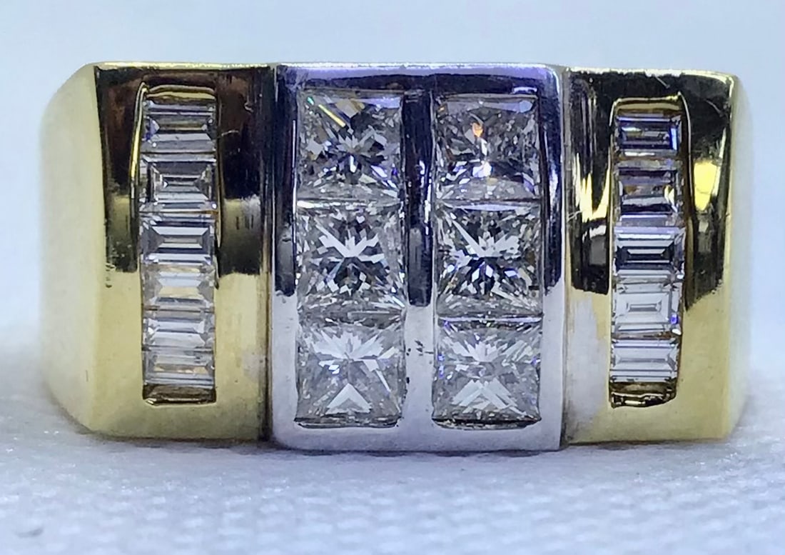 Men's 1.50ctw Natural Diamond Two-Tone Statement Ring | 14k Gold (14.3g): An impressive display of power and elegance. This solid 14k yellow and white gold ring features a striking cluster of natural earth-mined princess-cut diamonds at its center, flanked by precision-set 