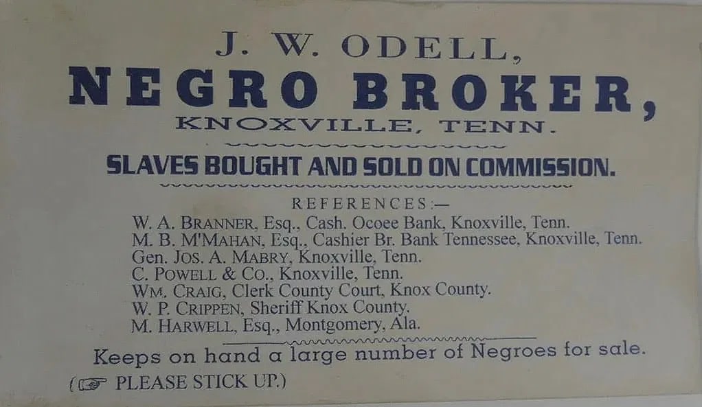 SLAVERY & ABOLITION:: Business card of 'J.W. Odell, Negro Broker.' Knoxville, Tenn. Measures 3" x 2 1/2". Aged water marks