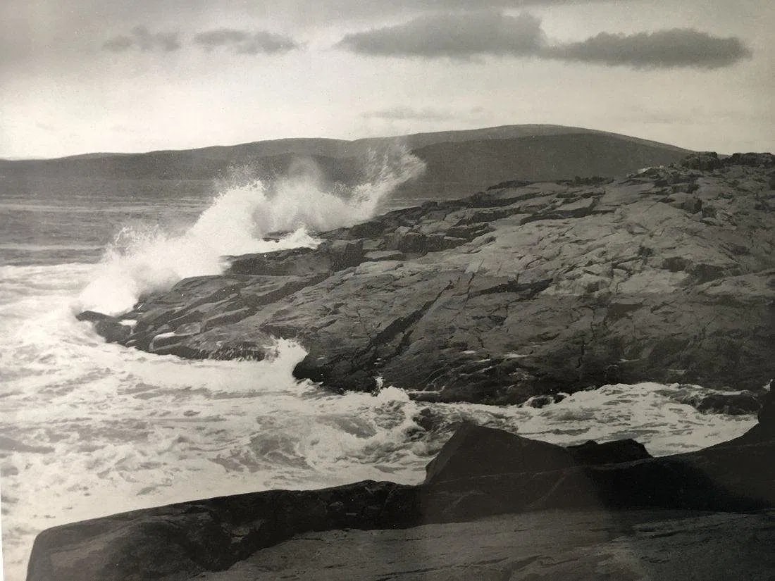 ANSEL ADAMS (B. 1902-1984): Sea and Rocks, Storm, Schoodie Point, Acadia National Park, Maine Printed in colors mounted on archival board 7 1/2" x 9 1/2"