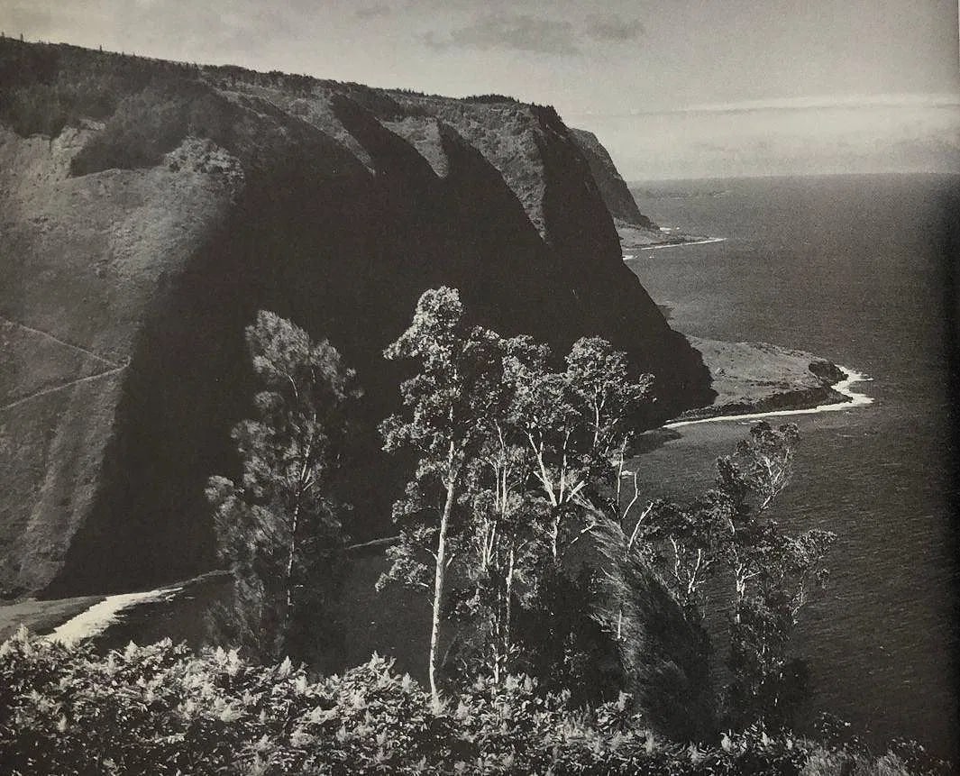 ANSEL ADAMS (B. 1902-1984): Waipio Valley, north coast, Hawaii Printed in colors mounted on archival board 7" x 8 1/2"