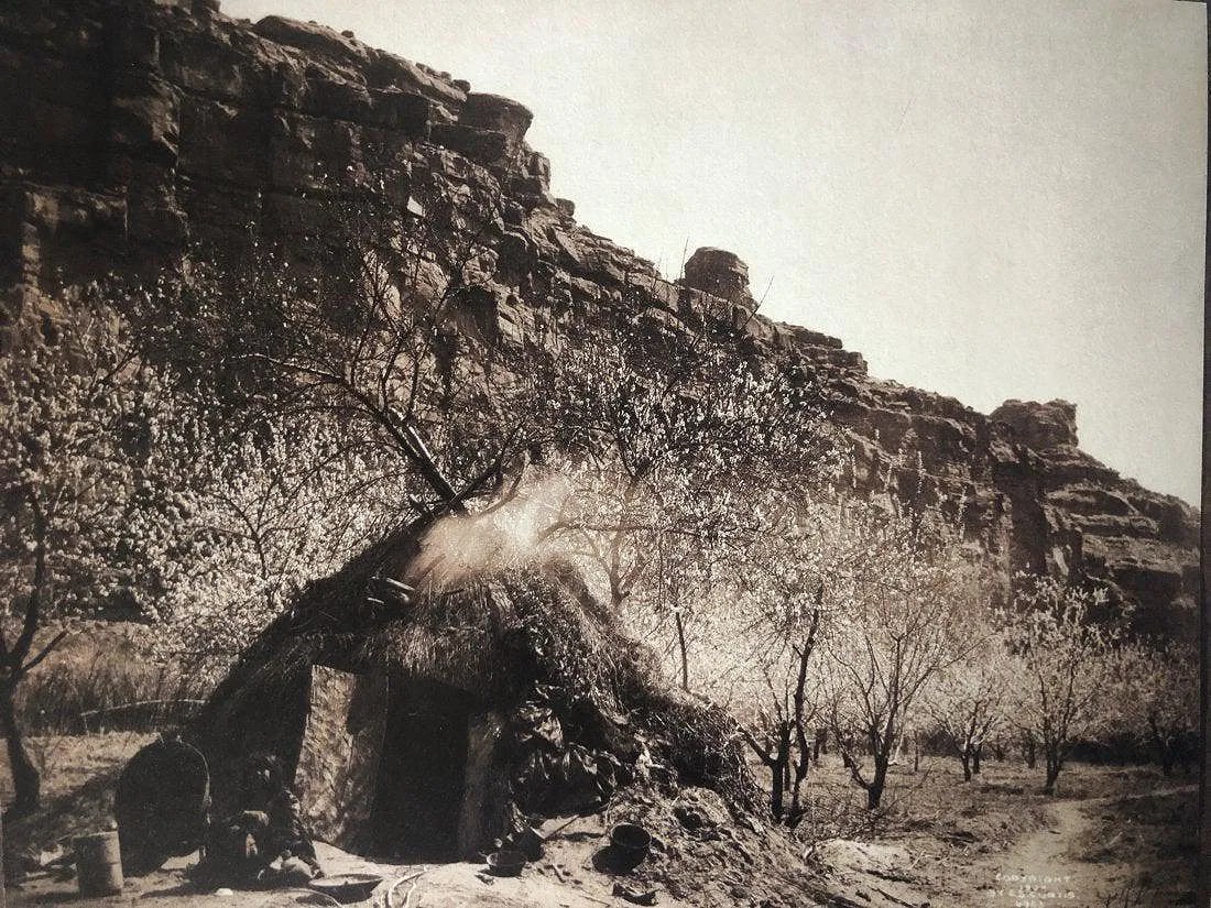 EDWARD CURTIS (1868-1952): A Hava Supai Home - Cataract Canyon, Arizona, Printed in colors mounted on archival board 6 " x 7 1/2"