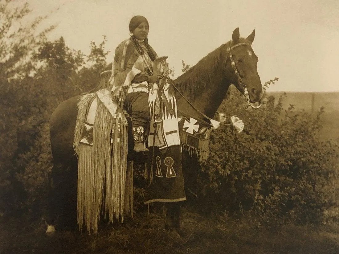 EDWARD CURTIS (1868-1952): Holiday Trappings Cayuse Printed in colors mounted on archival board 8" x 10 3/4"