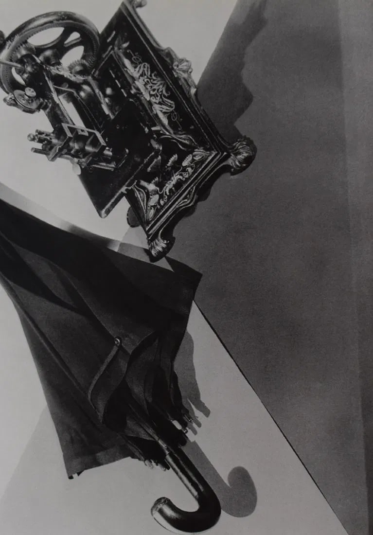 MAN RAY (1890-1976): Sewing Machine with Umbrella Printed in colors mounted on archival board 10 3/8" x 7 5/8"