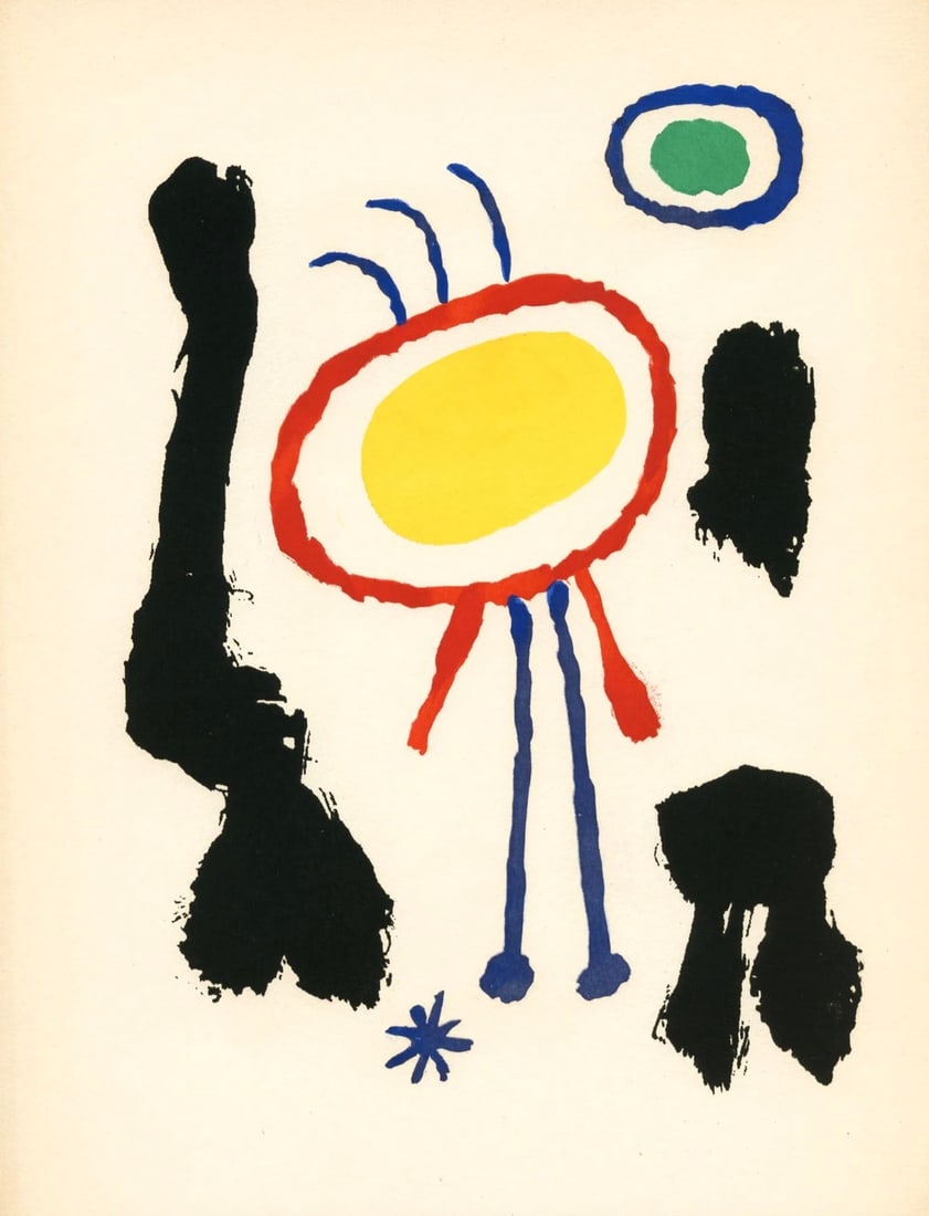 JOAN MIRO (SPANISH) POCHOIR: Joan MirÃ³ (Spanish) Pochoir on Paper. Women and Birds Before the Moon (1947). Original pochoir stencil print in five colors. Printed in 1947 in an edition of 1,500 by Meriden Gravure and published 