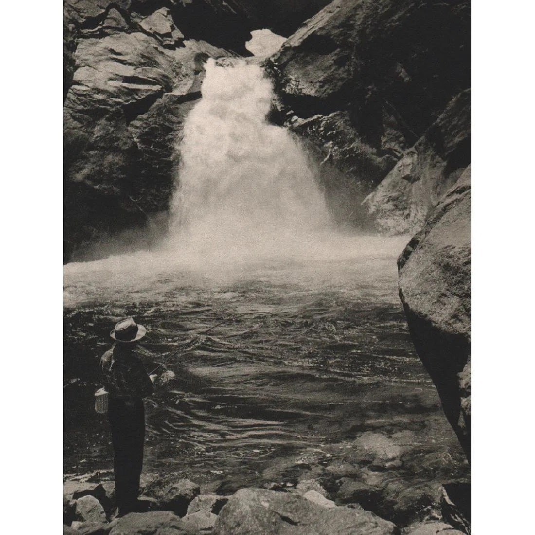 JOSEF MUENCH (AMERICAN) PRINT ON PAPER: Josef Muench (American) Print on Paper. Fishing at Roaring River. Printed in USA in 1940s. Measures 5.00 x 6.25 inches. Gravure.