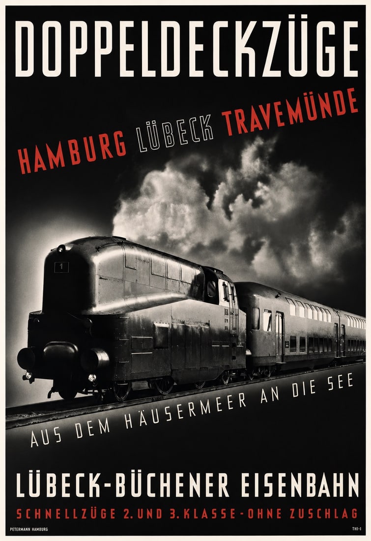 AFTER PETERMANN HAMBURG POSTER: After Petermann Hamburg Poster. Doppeldeckzuge, Hamburg Lubeck Travemunde. Adhered to canvas.