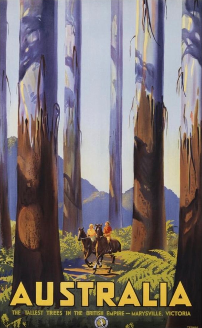 AFTER PERCY TROMPF (AUSTRALIAN) POSTER: After Percy Trompf (Australian) Poster. Australia. The Tallest Trees in the British Empire, Warysville, Victoria. Measures 23.00 x 36.00 inches.