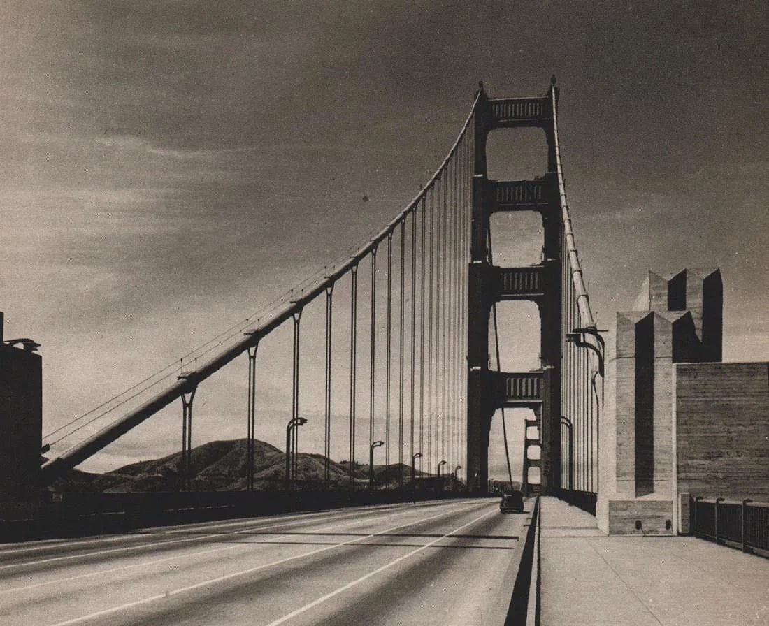 JOSEF MUENCH (AMERICAN) PRINT ON PAPER: Josef Muench (American) Print on Paper. Golden Gate Bridge. Printed in USA in 1940s. Measures 5.50 x 4.50 inches. Gravure.