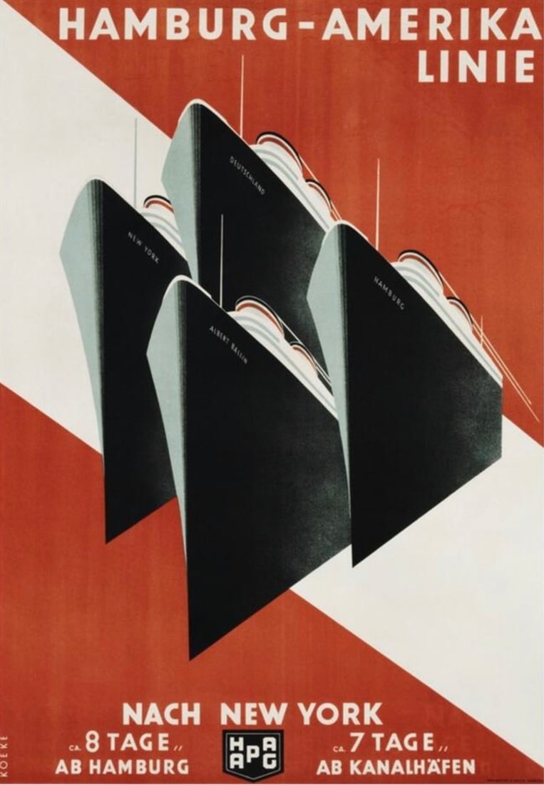 AFTER HENNING KOEKE POSTER: After Henning Koeke Poster. Hamburg-Amerika Linie. Measures 25.00 x 36.75 inches. Adhered to canvas.