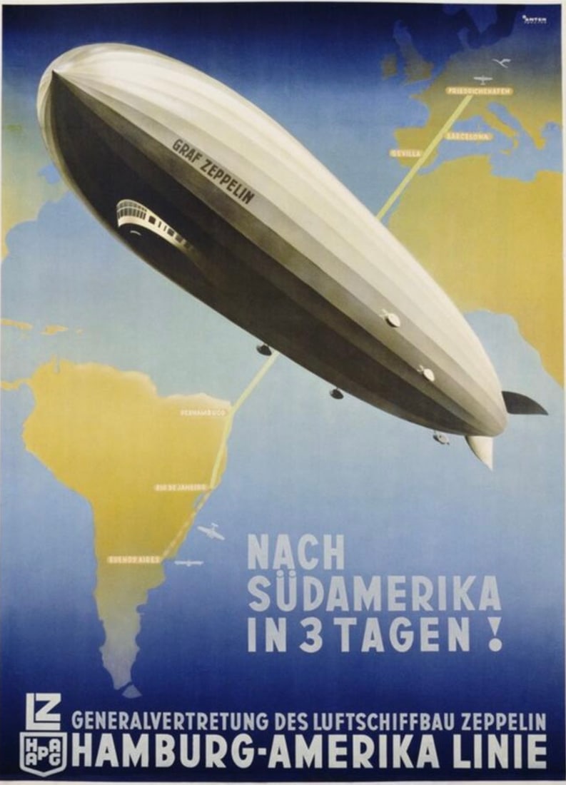 AFTER OTTOMAR ANTON (GERMAN) POSTER: After Ottomar Anton (German) Poster. Nach Sudamerika in Tagen. Measures 17.25 x 24.75 inches. Adhered to canvas.