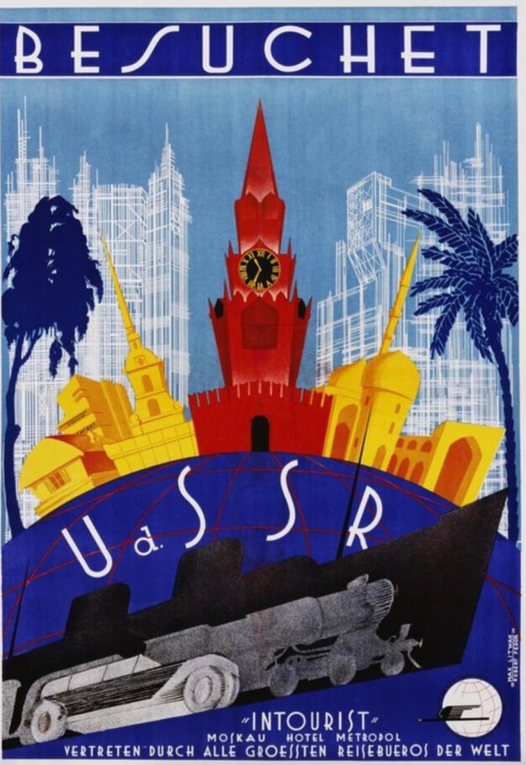 AFTER BESUCHET POSTER: After Besuchet Poster. Moskau Hotel Metropol. USSR. Measures 25.00 x 36.00 inches. Adhered to canvas.