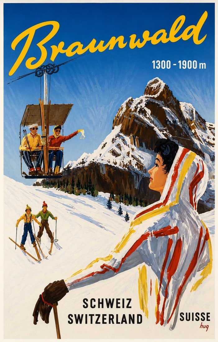 AFTER SWITZERLAND POSTER: After Switzerland Poster. Braunwald, Schweiz Switzerland Suisse hug. Adhered to canvas.