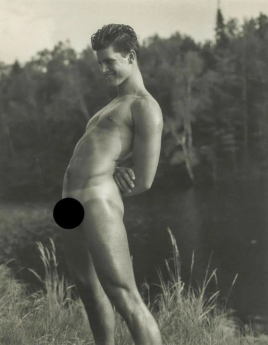 BRUCE WEBER (AMERICAN) PRINT ON PAPER: Bruce Weber (American) Print on Paper. Rob at the Lean-to on the St. Regis (1989). Printed in USA in 1990. Measures 7.25 x 9.30 inches.