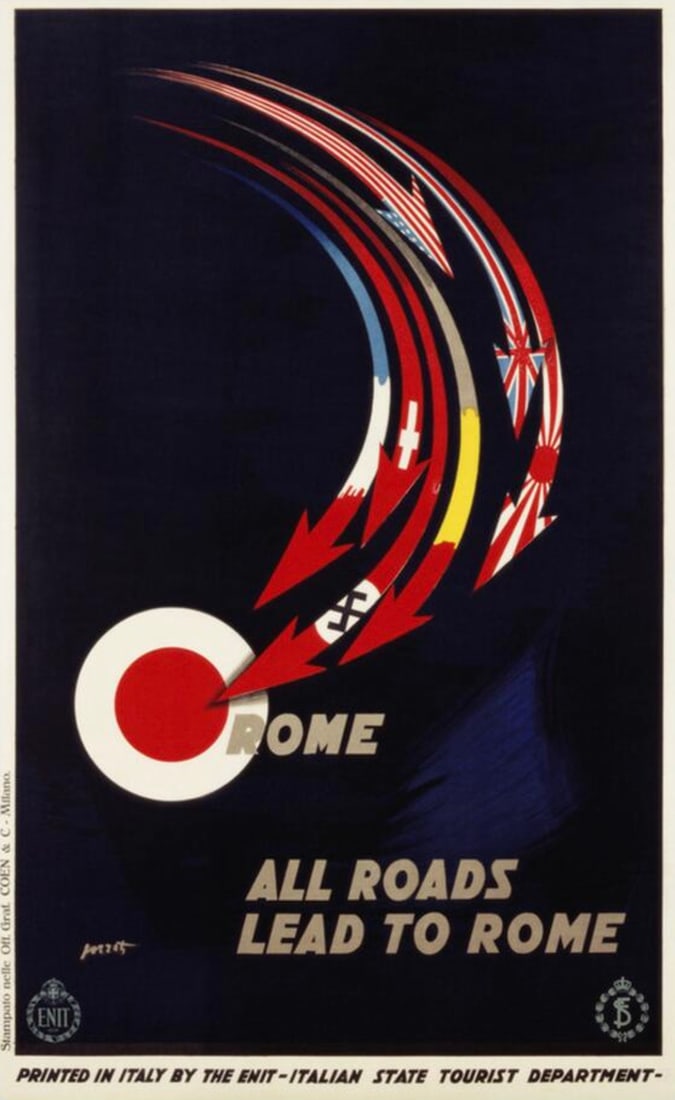 AFTER MARIO POZZATI (ITALIAN) POSTER: After Mario Pozzati (Italian) Poster. All Roads Lead to Rome (c. 1938). Measures 22.50 x 35.75 inches. Adhered to canvas.
