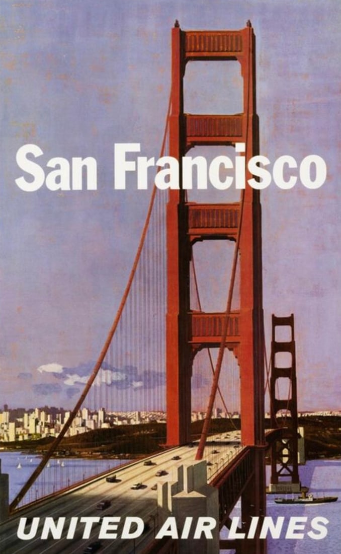 AFTER STAN GALLI (AMERICAN) POSTER: After Stan Galli (American) Poster. San Francisco, United Airlines. Measures 22.50 x 36.25 inches. Adhered to canvas.