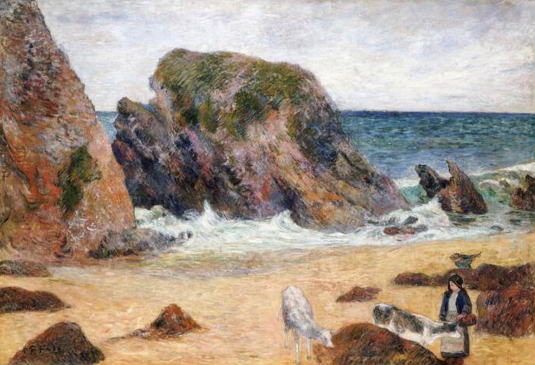 AFTER PAUL GAUGUIN (FRENCH) PRINT ON PAPER: After Paul Gauguin (French) Print on Paper. Cows on the Seashore (1886). Measures 17.00 x 12.00 inches.