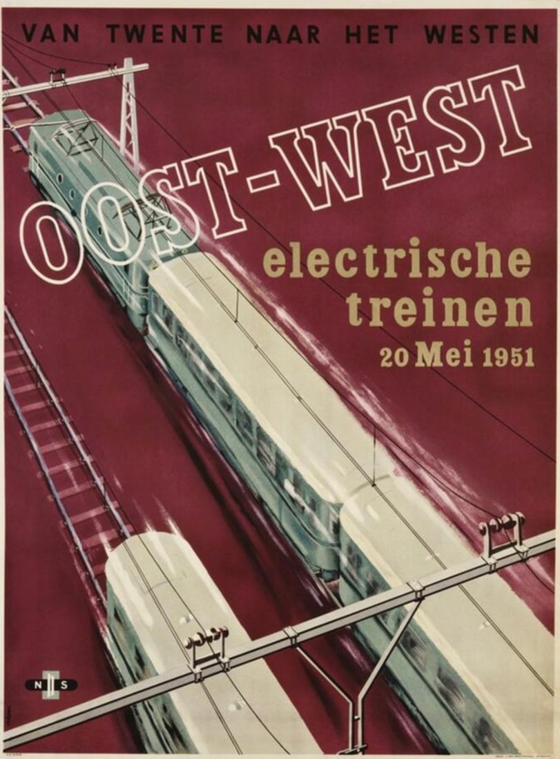 AFTER DEHAAN POSTER: After Deehaan Poster. Electrishe Treinen, Oost-West (1951). Measures 18.50 x 25.05 inches. Adhered to canvas.