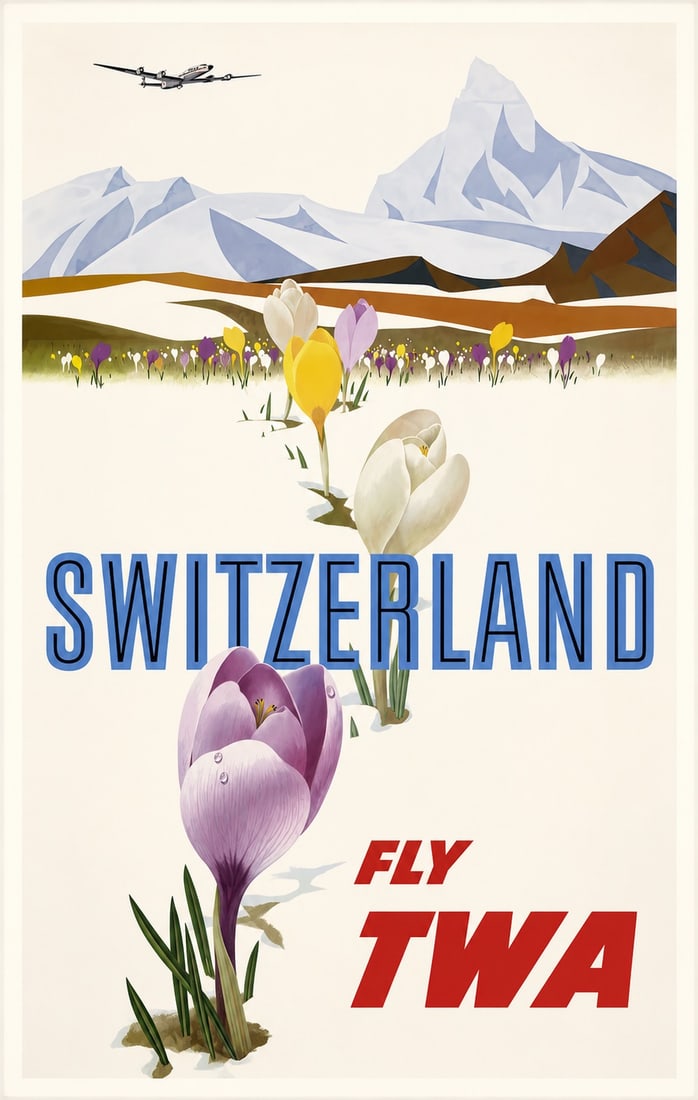 AFTER TWA SWITZERLAND POSTER: After TWA Switzerland Poster. Adhered to canvas.