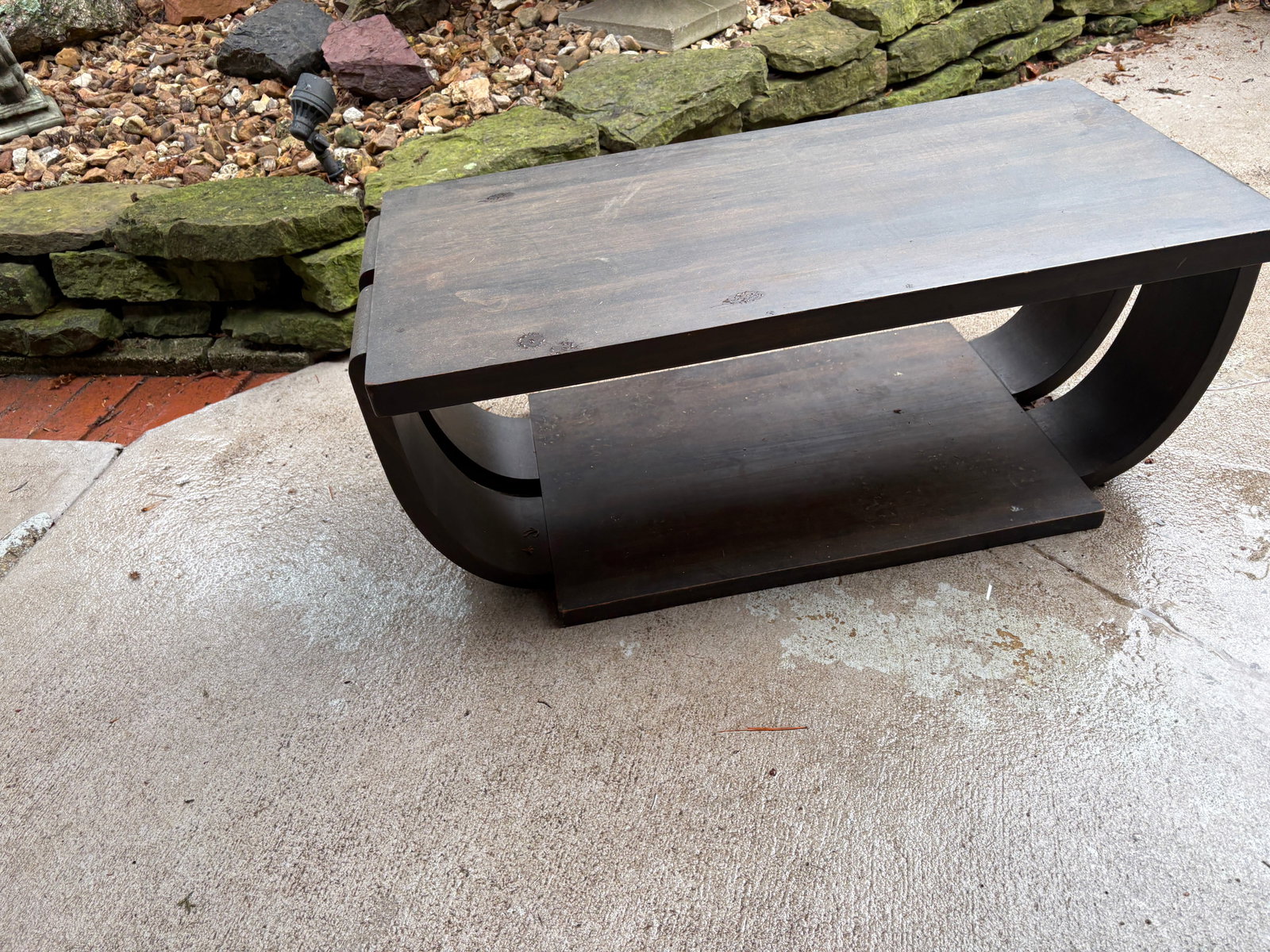 1932 Modern Age Art Deco 2 Tier Coffee Table Early Modern Design: 1932 “Modern Age” Art Deco two-tier coffee table featuring bold curved supports and a streamlined geometric design typical of early modern furniture from the Art Deco period.The table