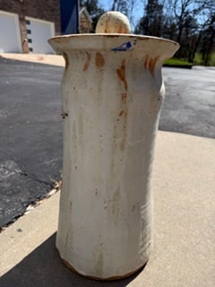 Large Studio Pottery Lidded Vessel / Vase, Mid-Century: Large hand-thrown studio pottery lidded vessel featuring a tall cylindrical form with flared rim and fitted lid topped by a rounded knob finial. The piece is made of stoneware with a soft cream glaze