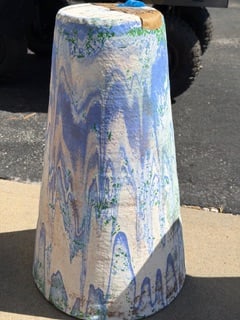 Ozark Roadside Pottery Drip Glaze Birdbath Pedestal: Handmade Ozark roadside pottery birdbath pedestal featuring a tall tapered form with marbled blue, green, and cream drip glaze decoration. Likely produced by a regional Ozark craft pottery during the