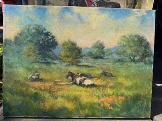 Jane Berger Pastoral Landscape Painting with Cows: Original pastoral landscape painting by Jane Berger, depicting cows resting and grazing in a sunlit meadow surrounded by trees and distant hills. The composition features soft impressionistic brushwor