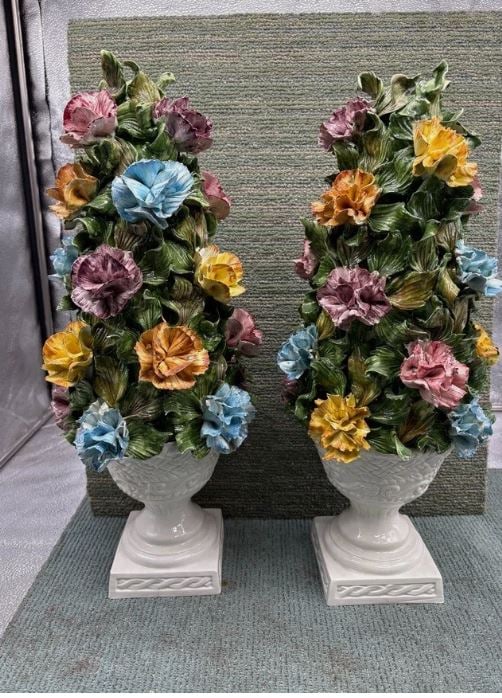 Pair Mid-Century Bassano Italy Capodimonte Style Floral Lamp Bases: Offered for auction is a pair of Mid-Century Italian ceramic lamp bases in the Capodimonte style, produced in Bassano, Italy. These decorative pieces feature richly modeled applied porcelain flowers i