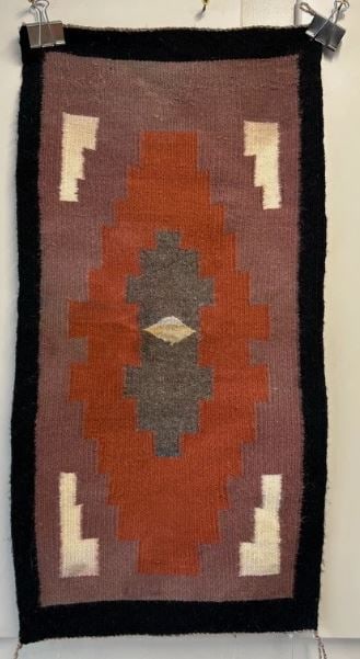 Native American Navajo Pueblo Wool Rug 35x18 Geometric Southwestern: Beautiful Native American Navajo Pueblo-style wool rug featuring a traditional Southwestern geometric design. The rug displays a central stepped diamond motif in red, gray, and cream tones on a muted