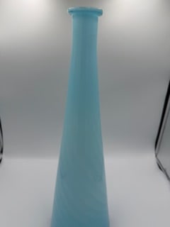 Large Mid-Century Italian Blue Opaline Glass Vase, Attributed to Empoli: Large mid-century Italian art glass vase attributed to Empoli, featuring a tall conical form in vibrant blue opaline glass. The vase displays subtle internal swirling and a gently flared rim with appl