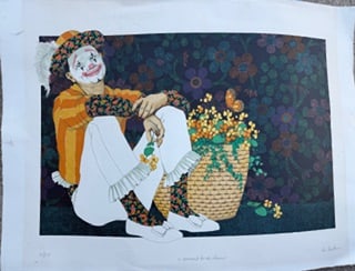 Bernard Buffet “A Moment For the Clown” Limited Edition Lithograph – Signed & Numbered –: Limited edition lithograph titled “A Moment For the Clown” by listed French artist Bernard Buffet (1928–1999).This piece is hand signed and numbered (8/150) and comes with its original lette