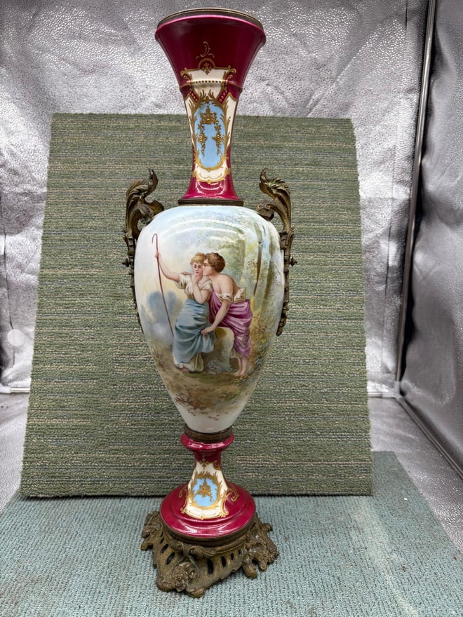Sevres Style Hand-Painted Porcelain Urn Vase – Romantic Scene – Gilt Bronze Mounts (1 of 5)