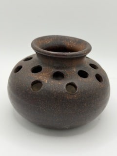 Signed Studio Pottery Frog Vase – Rustic Brown Glaze – Hand Thrown: Handcrafted studio pottery frog vase featuring a rounded form with multiple openings for floral arranging.The piece has a rich earthy brown glaze with subtle tonal variation and a rustic, organic feel