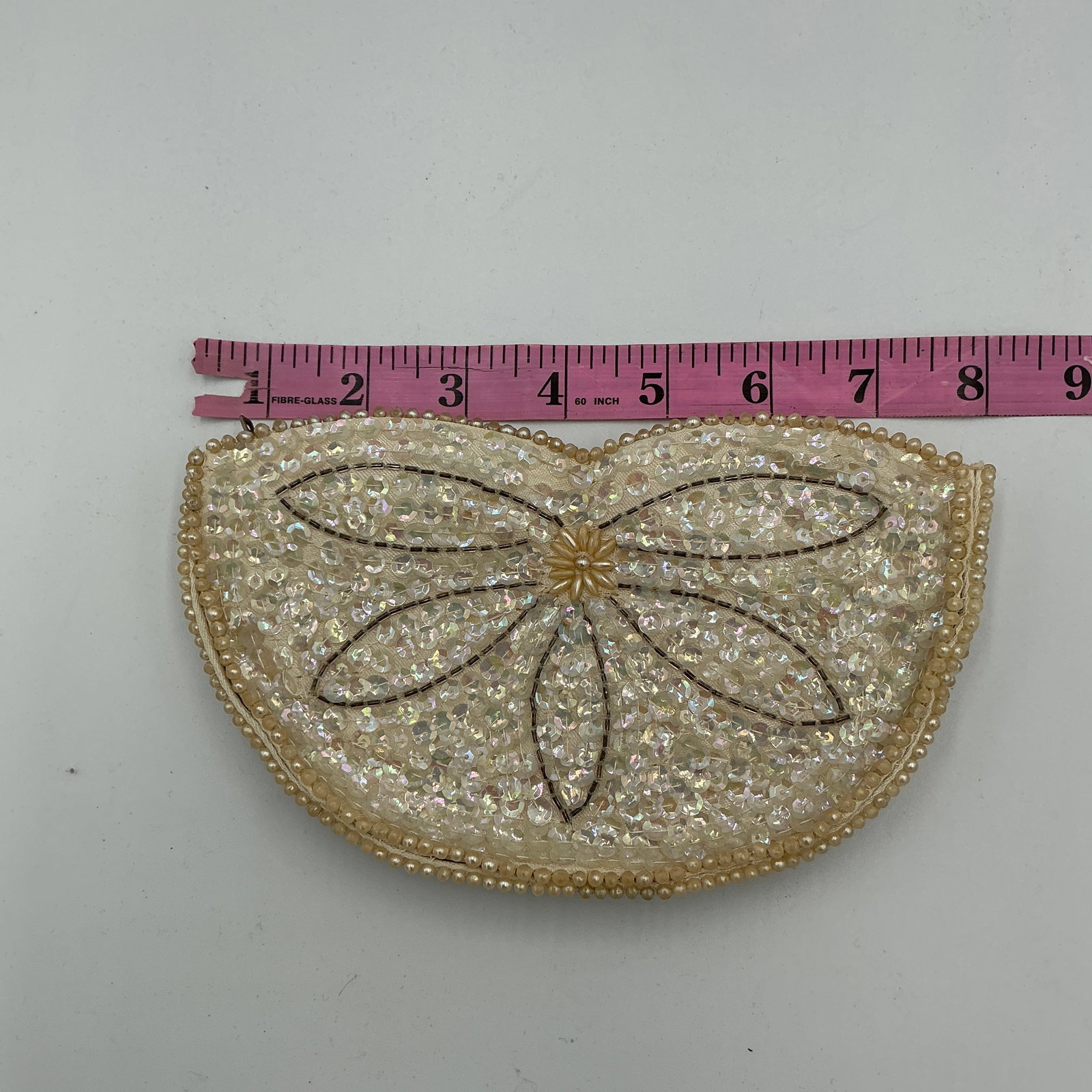 Vintage Beaded Sequin Clutch Purse Cream Iridescent Half Moon Evening Bag w/ Pearl Trim (1 of 4)
