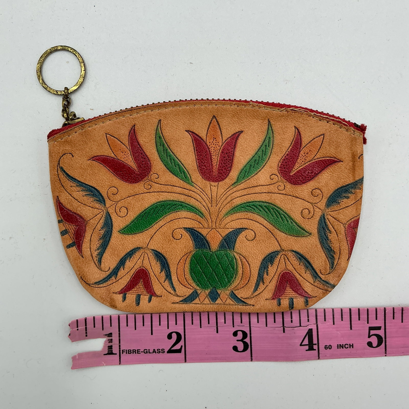 Vintage Hand-Tooled Leather Coin Purse Floral Design Keychain Zip Pouch Boho Folk Art (1 of 4)