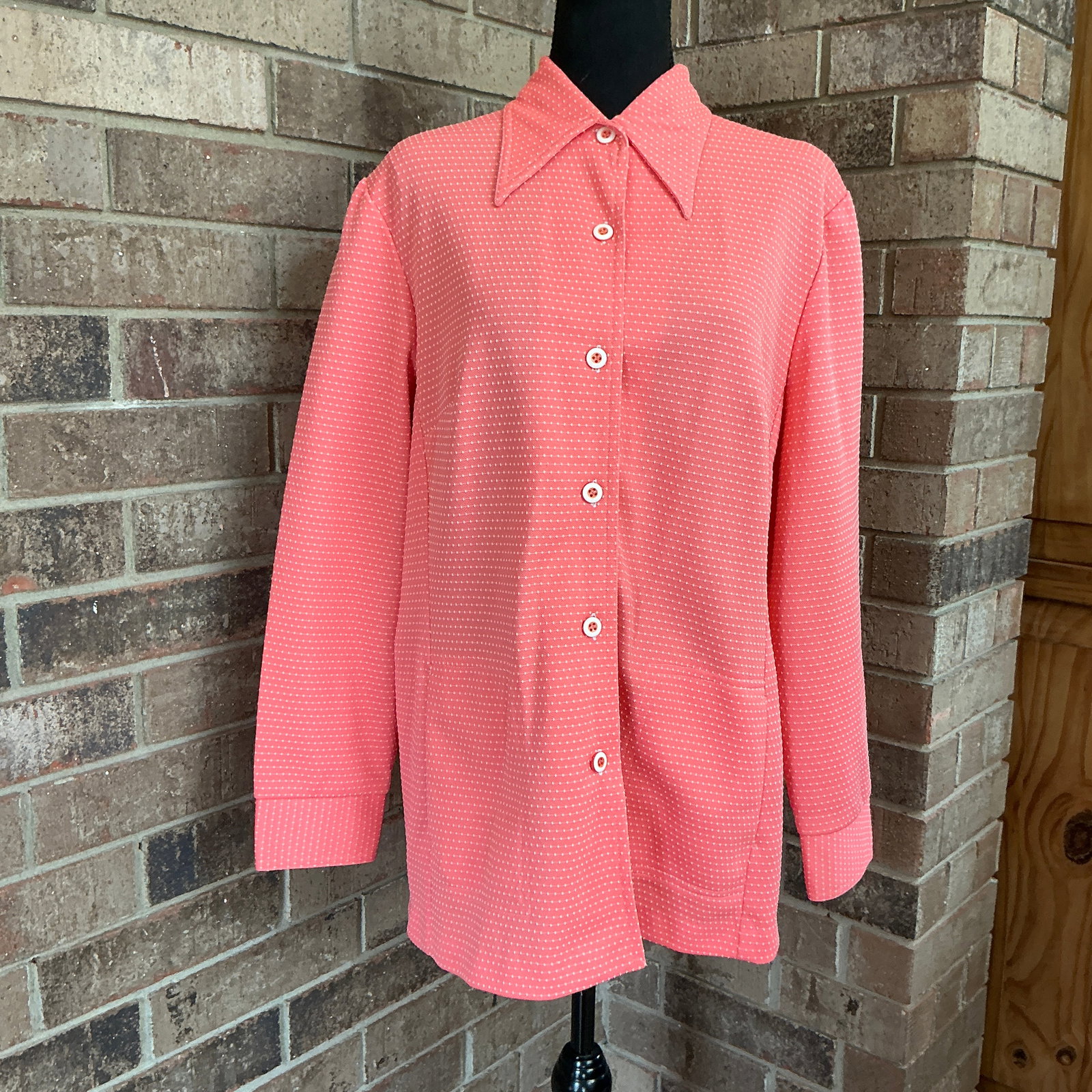 Vintage Coral Pink Textured Blouse, Minimalist Button-Front, 1970s–80s (1 of 6)