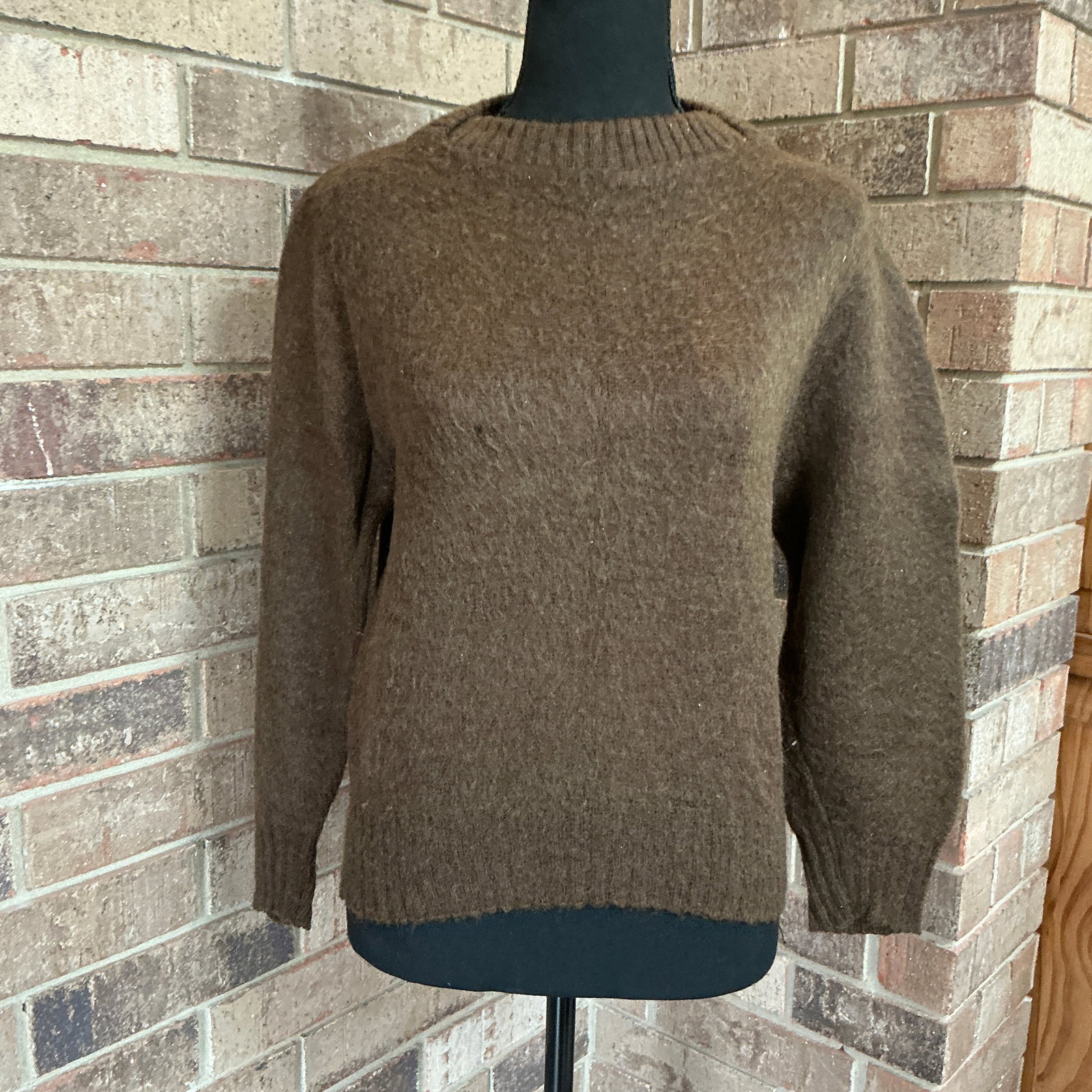 Vintage Original Sportswear “Origins” Brown Mohair Blend Sweater: Vintage brown knit sweater by Original Sportswear – “Origins” line, crafted in Hong Kong. This piece features a classic crew neckline, ribbed collar/cuffs/hem, and a soft, slightly fuzzy tex