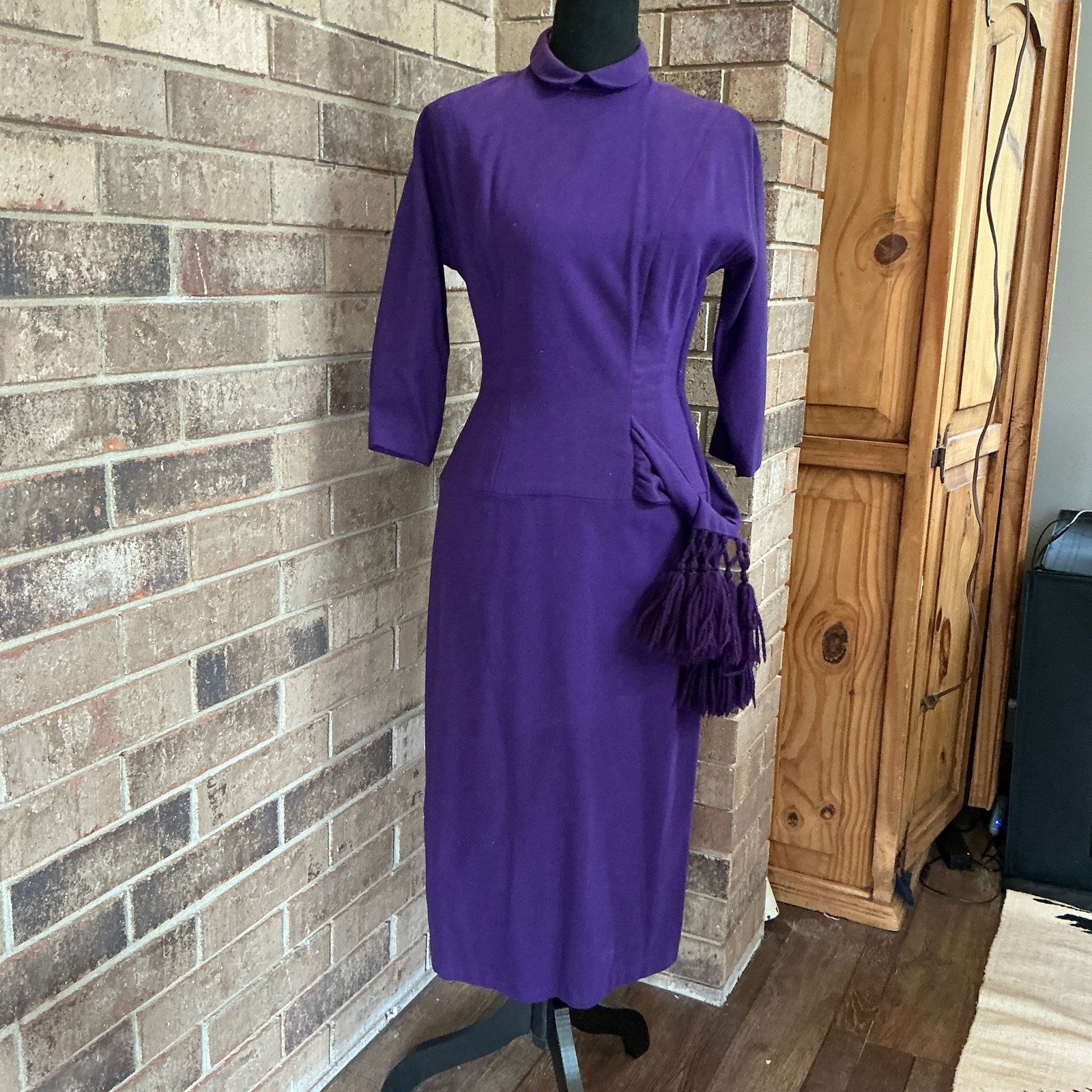 Vintage Tailored 1960s Purple Dress w/ Tassel Detail High Neck 3/4 Sleeve Fitted Wiggle Midi Dress (1 of 14)