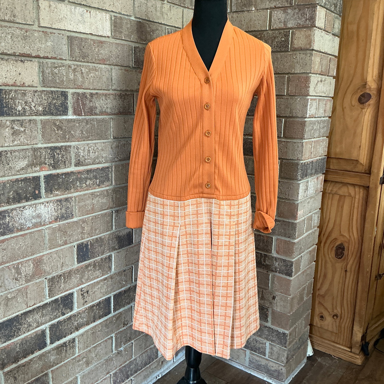Vintage 1970s Neiman-Marcus Orange Knit & Plaid Dress Set Ribbed Cardigan Pleated Skirt ILGWU Union (1 of 14)