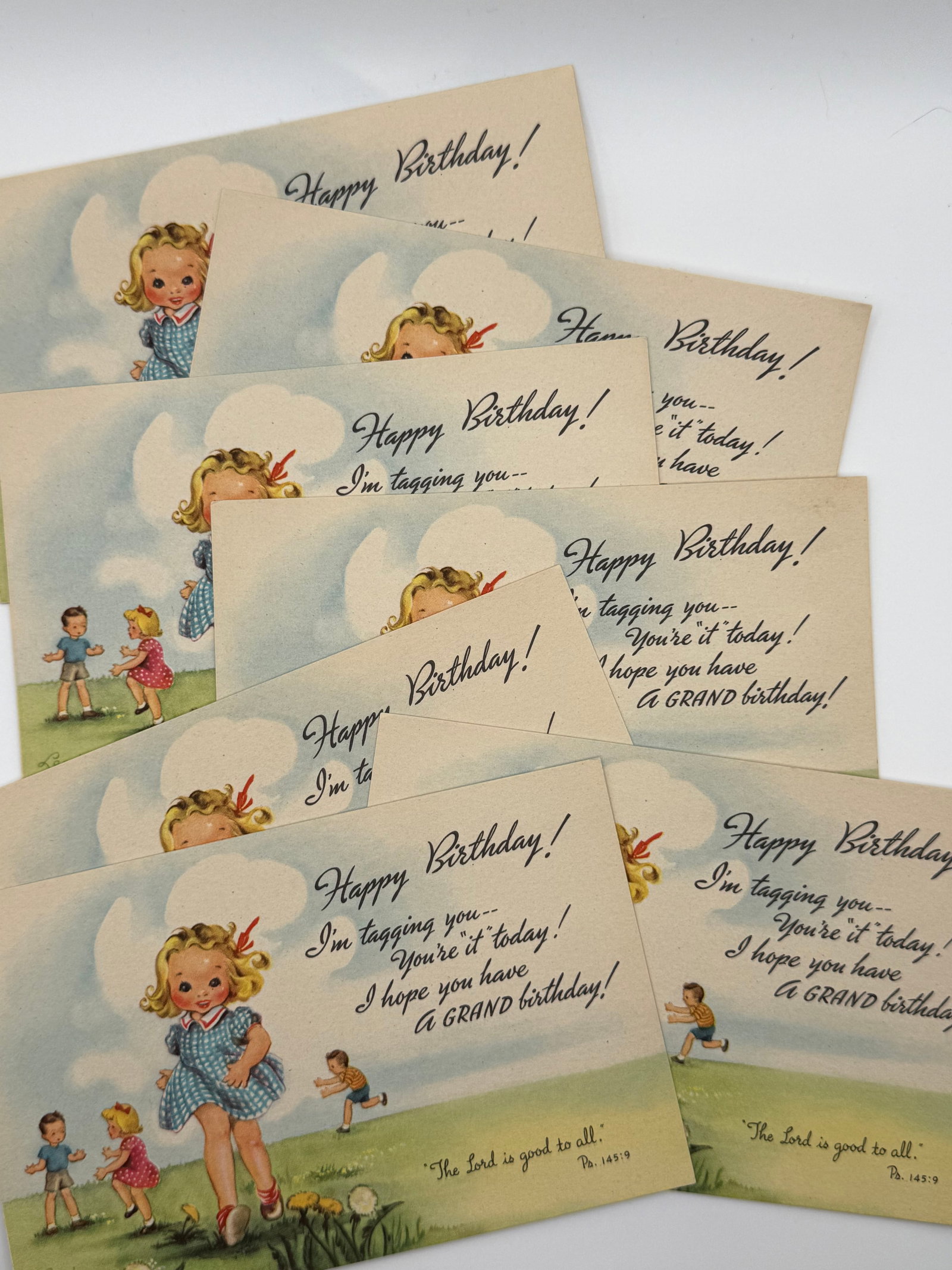 7 Vintage Birthday Greeting Cards – Children Playing “Tag” Scene with Verse (1 of 3)