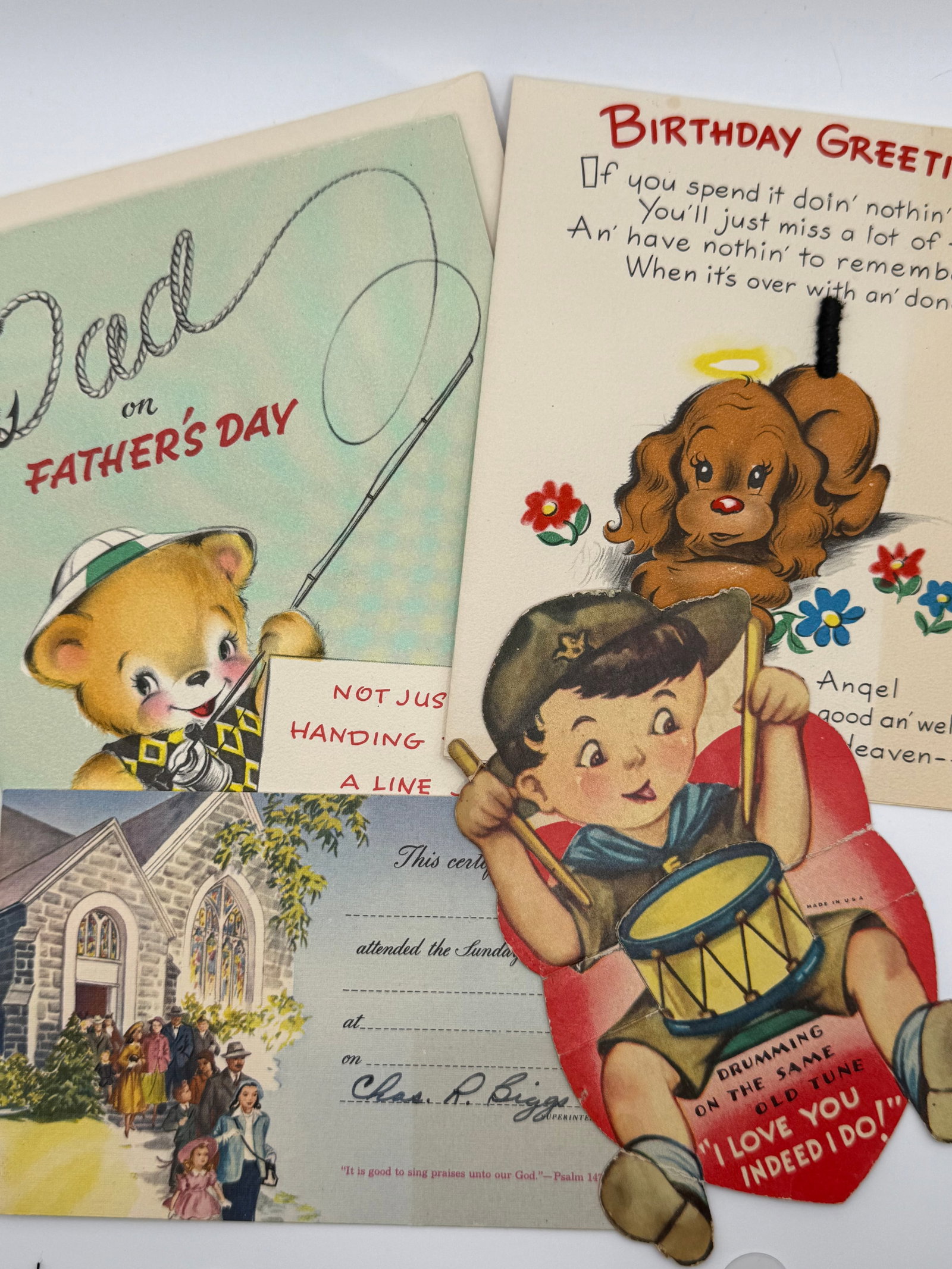 4 Vintage Greeting Cards & Die-Cut – Father’s Day Bear, Birthday Puppy, Church Certificate & Boy (1 of 9)