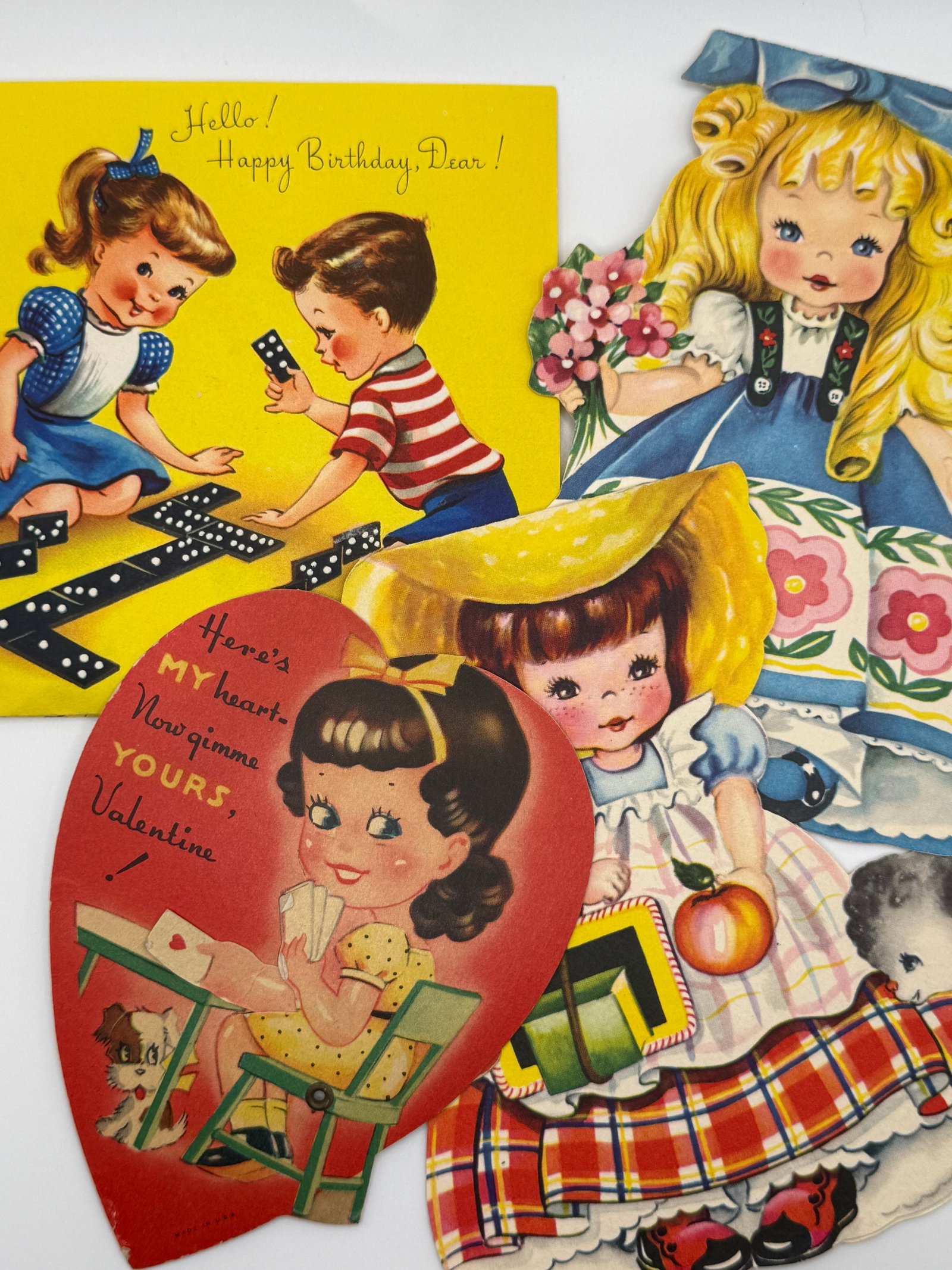4 Vintage Greeting Cards & Valentine – Children Playing Dominoes, Die-Cut Girls & Heart Valentine (1 of 11)