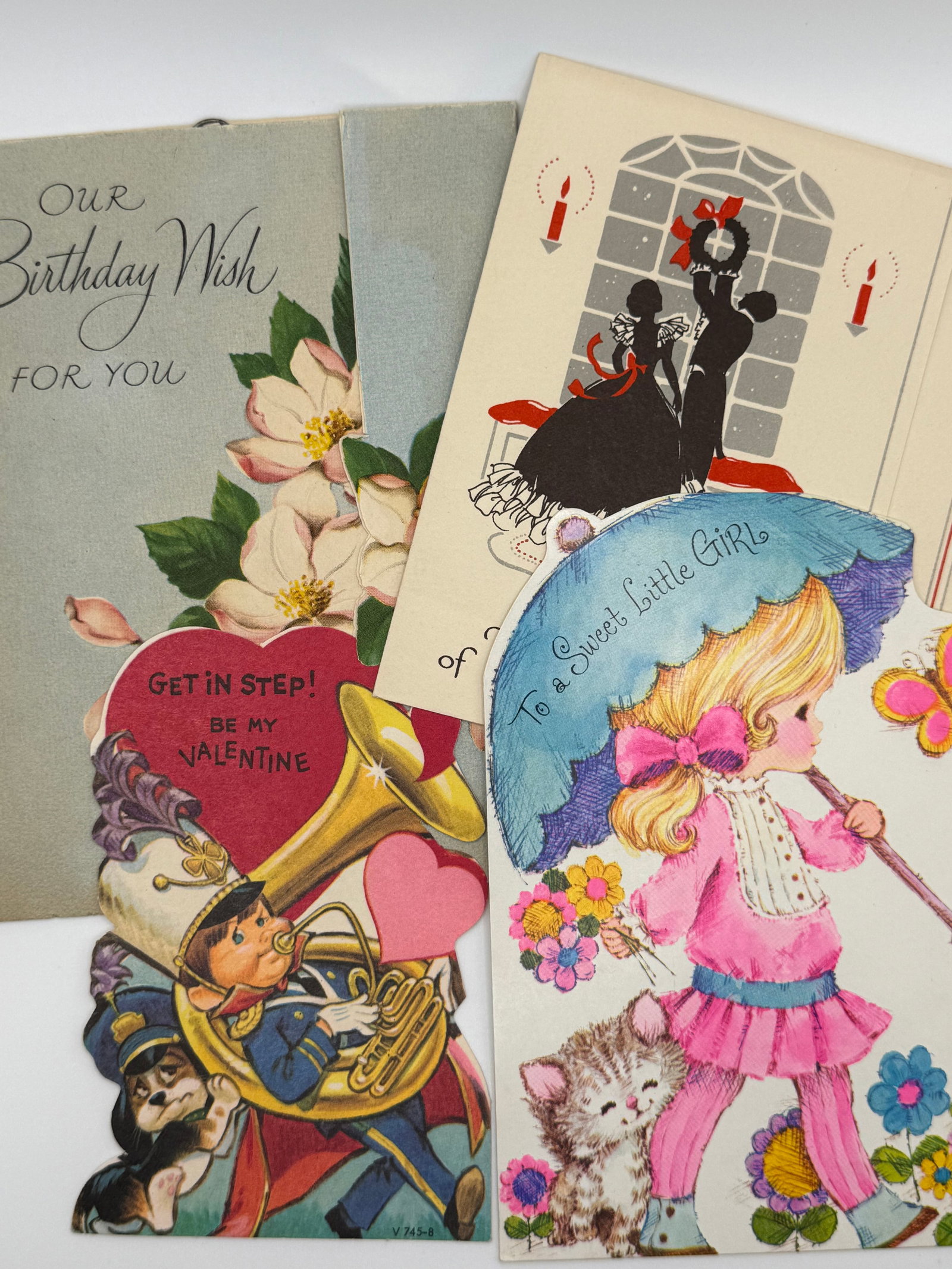 4 Vintage Greeting Cards & Valentine – Sweet Little Girl, Floral Birthday, Silhouette Christmas & (1 of 9)