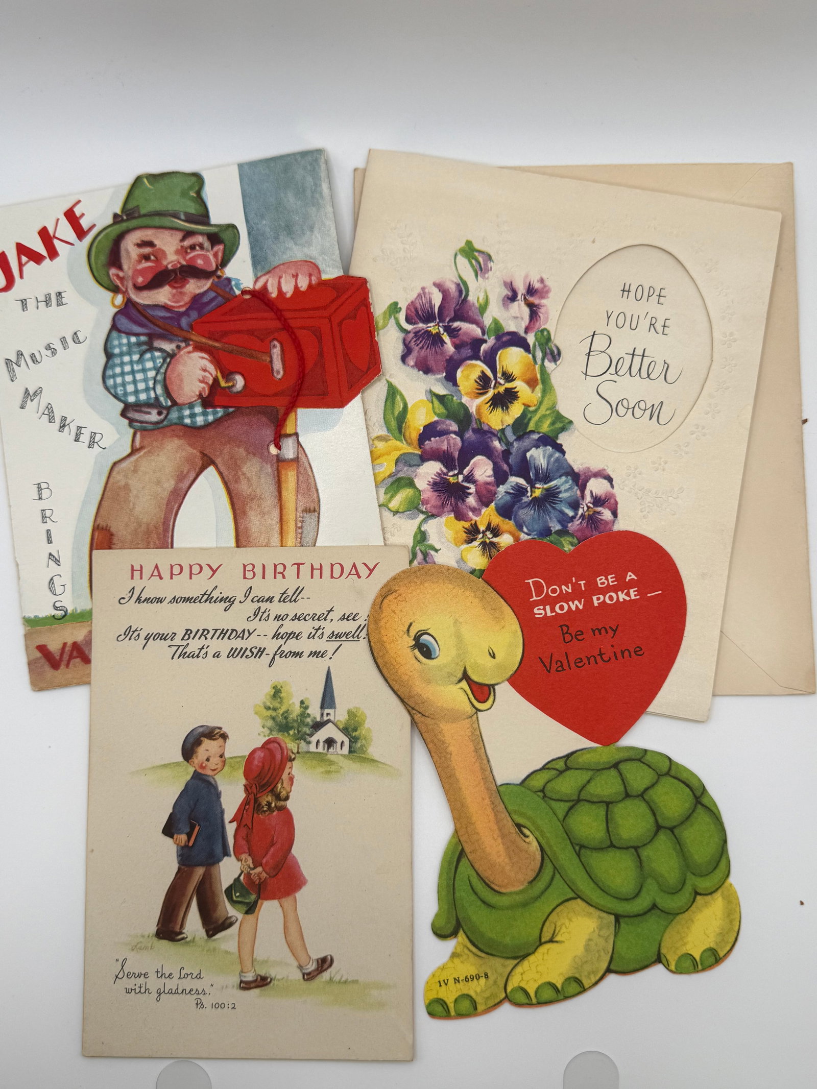 4 Vintage Greeting Cards – Birthday, Get Well, Valentine Turtle & Mechanical Man Die-Cut (1 of 7)