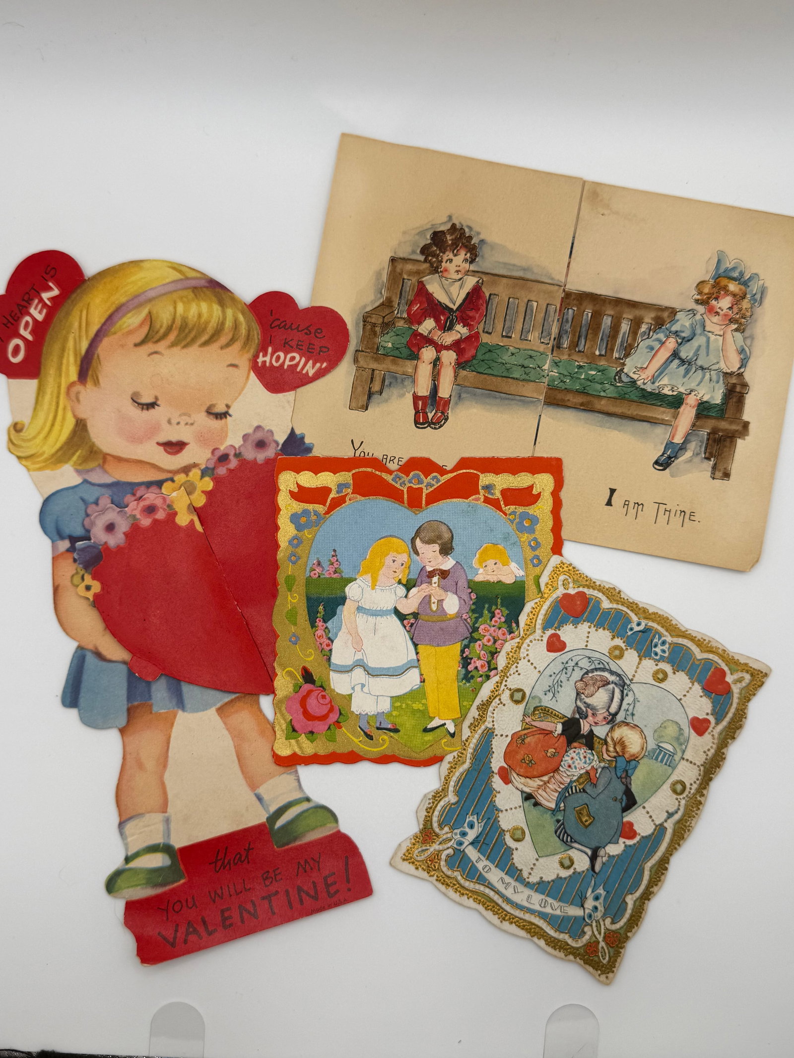 5 Vintage Valentine Cards Die Cut Girl Large Heart Bench Scene Embossed Love Lot (1 of 8)