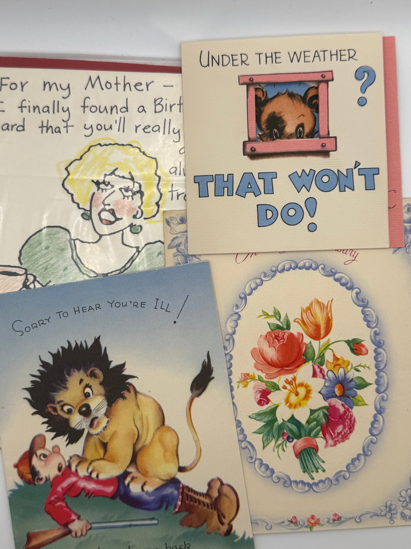 4 Vintage Get Well / Sympathy Greeting Cards Under the Weather Lion Floral Mid Century Lot: Nice mixed lot of 4 vintage get well / sympathy themed greeting cards featuring charming mid-century illustrations:“Under the Weather – That Won’t Do!” card with bear in window (humorous s