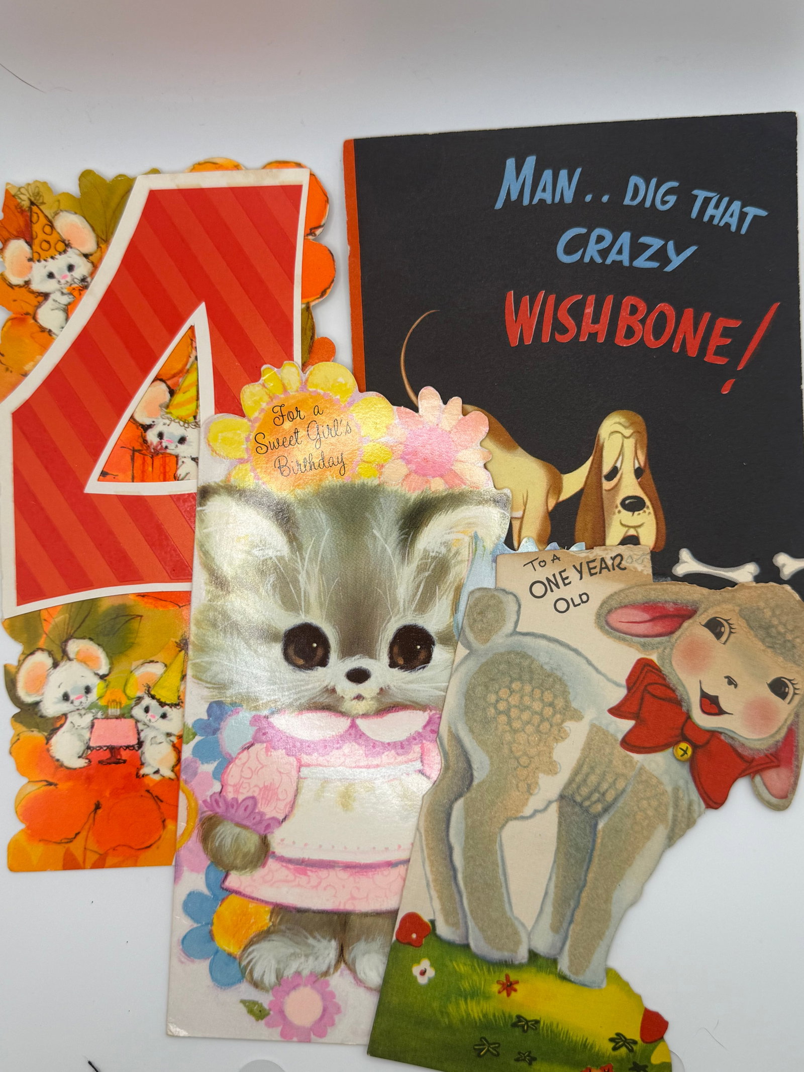 4 Vintage Birthday Greeting Cards Child Kids Kitten Lamb Dog Humor Mid Century Lot (1 of 8)