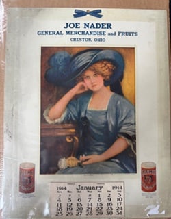 1914 Calumet Baking Powder Advertising Calendar – Joe Nader Creston Ohio w/ “Blue Belle”: Early 20th century advertising calendar dated 1914, issued by Joe Nader, General Merchandise and Fruits, Creston, Ohio, featuring a refined portrait titled “Blue Belle.”The central image depic