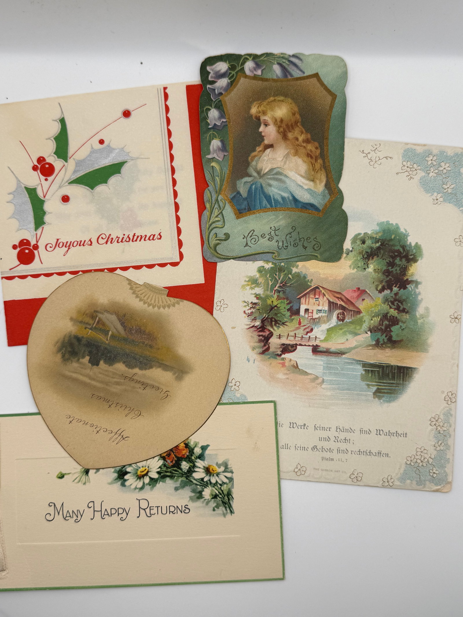 5 Antique Vintage Greeting Cards Christmas Birthday Scenic Portrait Die Cut Early 1900s Lot: Beautiful mixed lot of 5 antique/vintage greeting cards featuring early designs and classic imagery:“Joyous Christmas” holly card with embossed detailsElegant portrait “Best Wishes” di