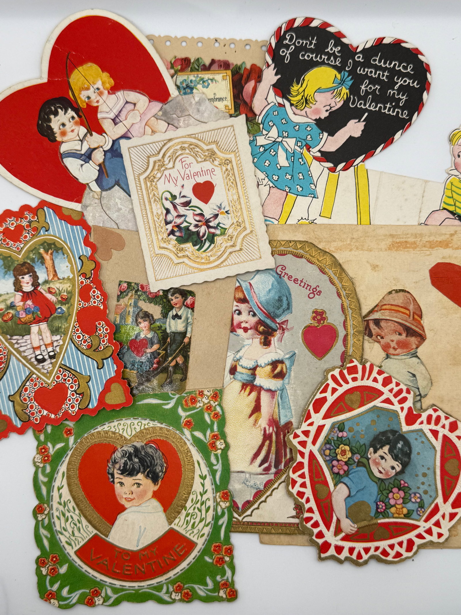 10 Vintage Valentine Cards Die Cut Embossed Children Hearts Antique Ephemera Lot: Wonderful mixed lot of 10 vintage Valentine cards featuring colorful designs and charming illustrations:Multiple die-cut heart-shaped valentinesCute children and couple illustrations with classic vint